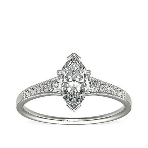 0.70 Carat Excellent Marquise Shape Genuine Diamond Latest Design Solitaire with Accents Engagement Ring for Ladies Solid 18K White Gold Size 7.5