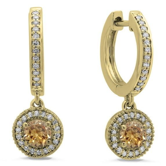 0.70 Carat (ctw) 10K Yellow Gold Round Champagne & White Diamond Ladies Halo Style Dangling Drop Earrings 3/4 CT