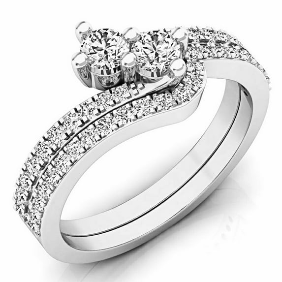 0.70 Carat (ctw) 18K White Gold Round White Diamond Ladies Two Stone Bypass Style Bridal Engagement Ring Set