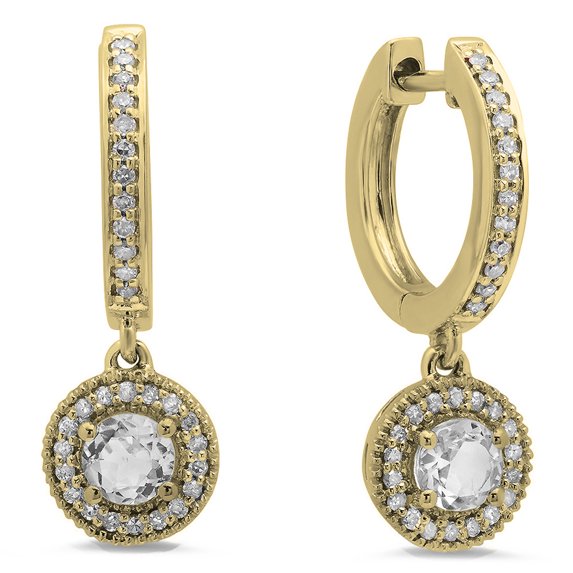 0.70 Carat (ctw) 18K Yellow Gold Round White Sapphire & White Diamond Ladies Halo Style Dangling Drop Earrings 3/4 CT