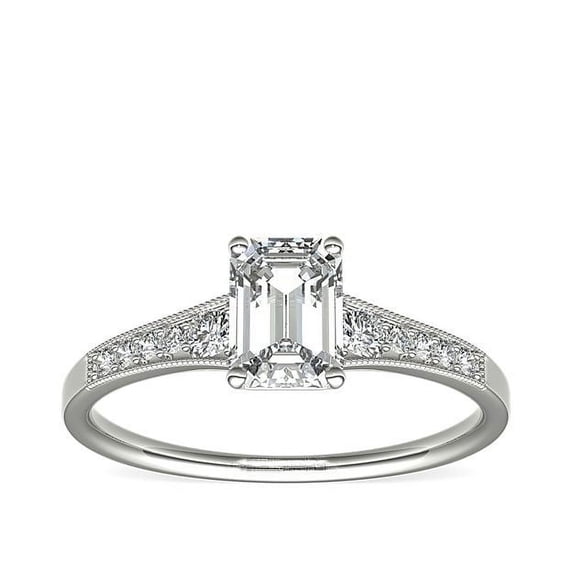 0.70 Ct Brilliant Emerald Cut Genuine Diamond Sparkle Solitaire with Accents Engagement Ring for Women Solid 14K White Gold Size 6.5