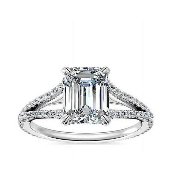 0.70 Ct Brilliant Emerald Cut Genuine Diamond Sparkle Solitaire with Accents Engagement Ring for Women Solid 14K White Gold Size 6.5