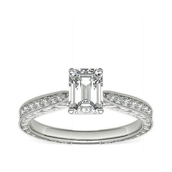 0.70 Ct Brilliant Emerald Cut Genuine Diamond Sparkle Solitaire with Accents Engagement Ring for Women Solid 14K White Gold Size 6.5