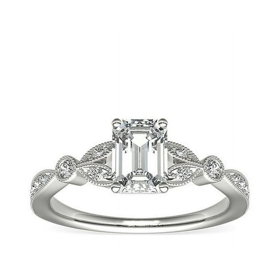 0.70 Ct Brilliant Emerald Cut Natural Diamond Elegant Solitaire with Accents Wedding Ring for her Solid 14K White Gold Size 6