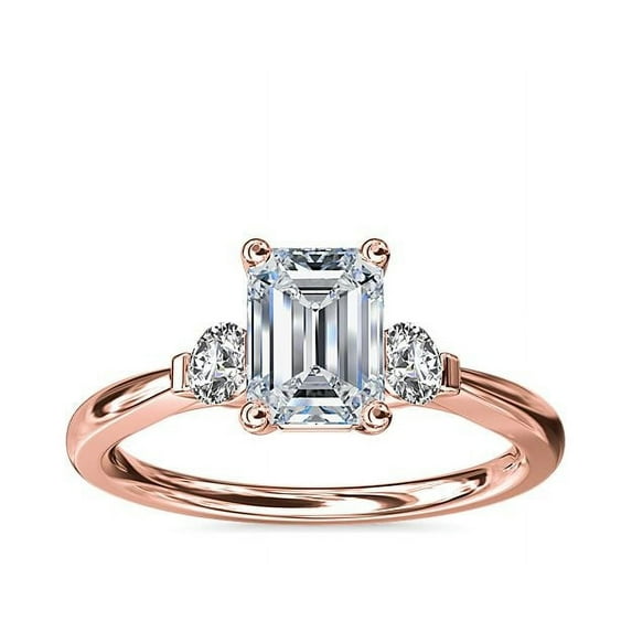 0.70 Ct Brilliant Emerald Cut Natural Diamond Elegant Three Stone Wedding Ring for her Solid 14K Rose Gold Size 6