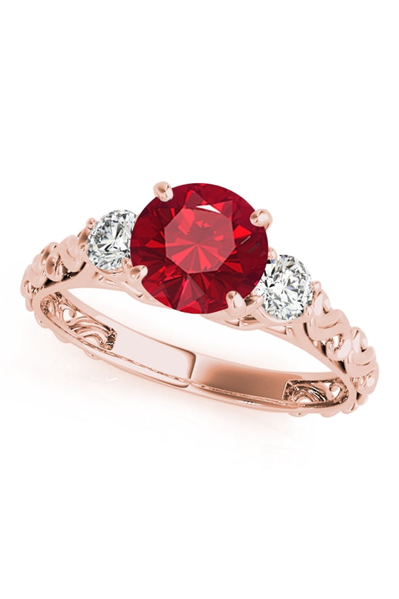 0.70 Ct Diamond & Round Shaped Created Ruby Ring For Women- 10K Gold