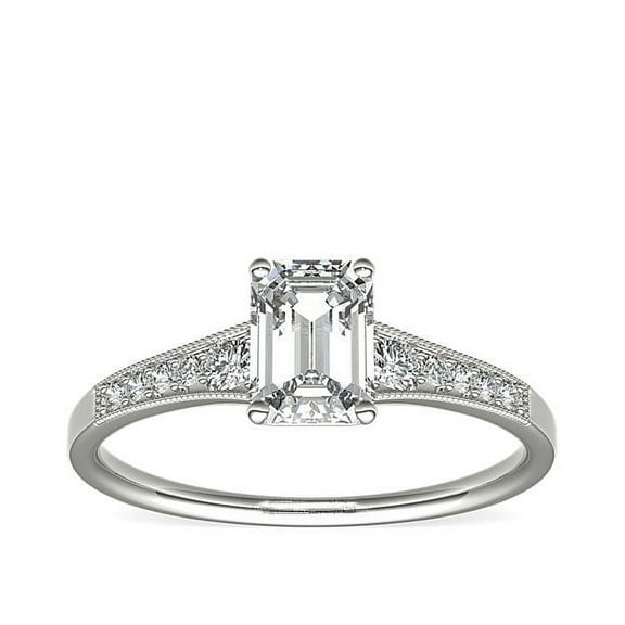 0.70 Ct Emerald Shape Genuine Diamond Solitaire with Accents Elegant Ring for Wedding Solid 14K White Gold Size 7