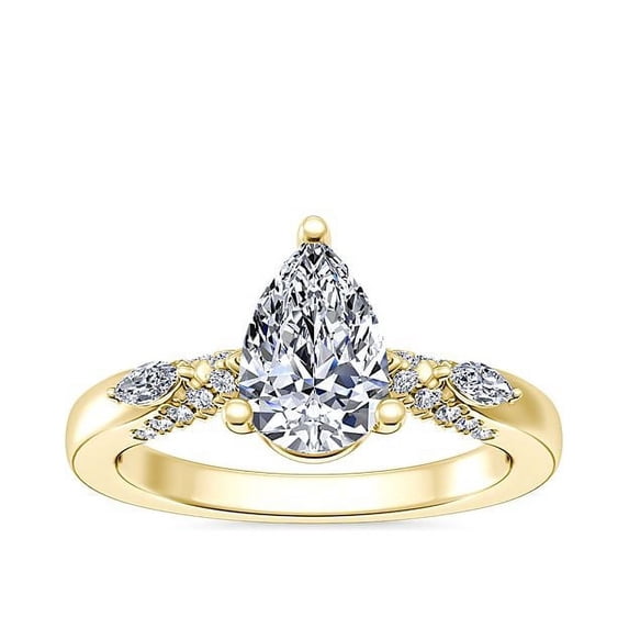 0.70 Ct Pear Cut Genuine Diamond Solitaire with Accents Wonderful Ring for Ladies Solid 18K Yellow Gold Size 10.5