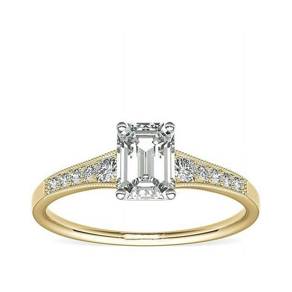 0.70 T.C.W Emerald Shape Natural Diamond Latest Design Solitaire with Accents Wedding Ring for Ladies Solid 14K Yellow Gold Size 8