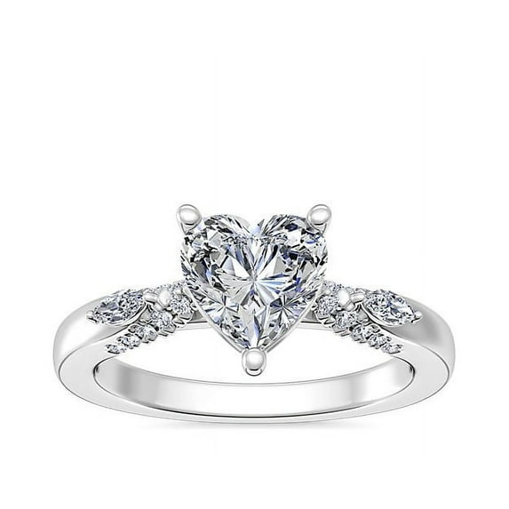 0.70 T.C.W Heart Shape Natural Diamond Latest Design Solitaire with Accents Wedding Ring for Women Solid 18K White Gold Size 8