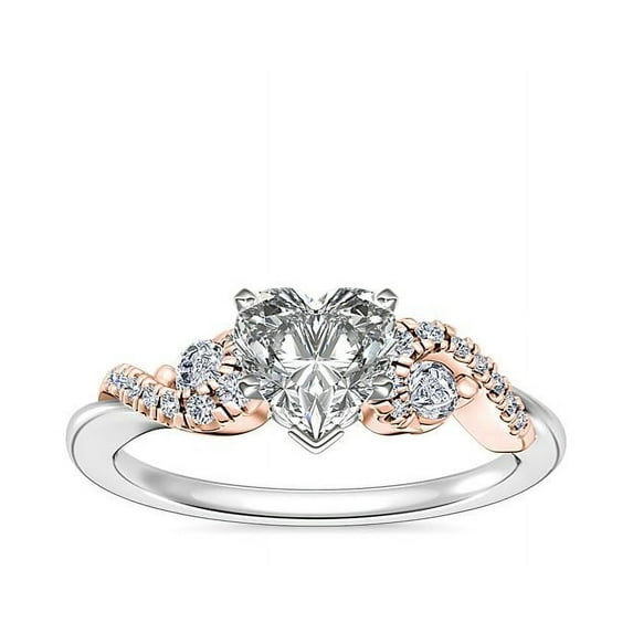 0.70 T.C.W Heart Shaped Real Diamond New Design Solitaire with Accents Wedding Ring for Women Solid 18K White Gold Size 3.5