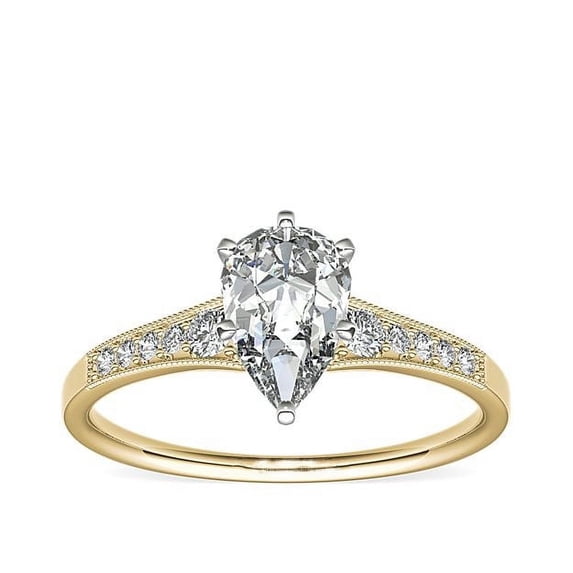 0.70 T.C.W Pear Shaped Real Diamond New Design Solitaire with Accents Wedding Ring for Women Solid 18K Yellow Gold Size 3.5