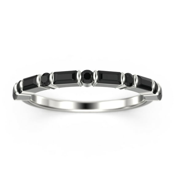 0.73ct Round and Baguette Cut black diamond moissanite Ring 10k White Gold