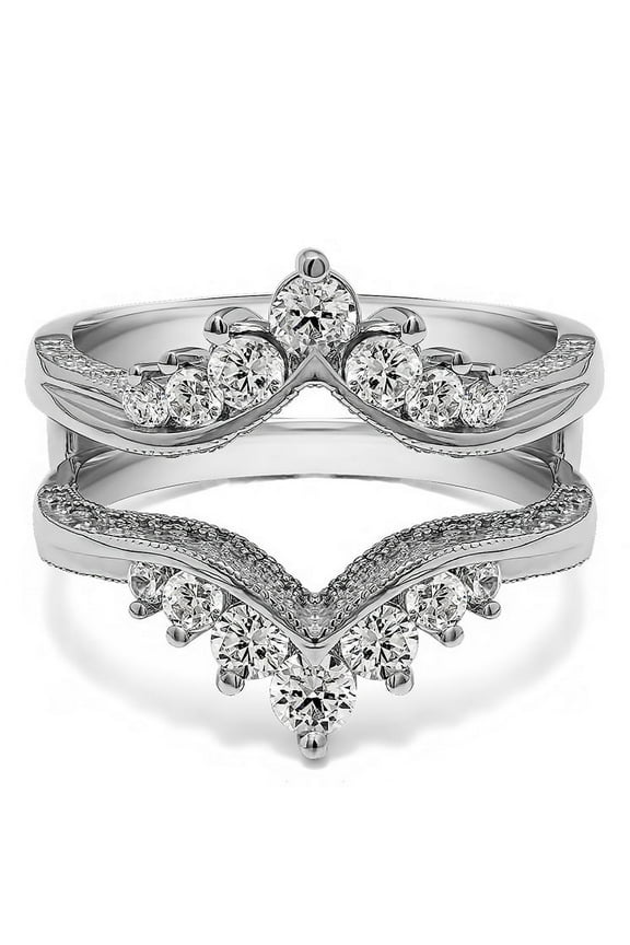 0.74 Ct. Chevron Vintage Ring Guard with Millgrained Edges and Filigree Cut Out Design With Cubic Zirconia Mounted in Sterling Silver (Size 4 to 13)