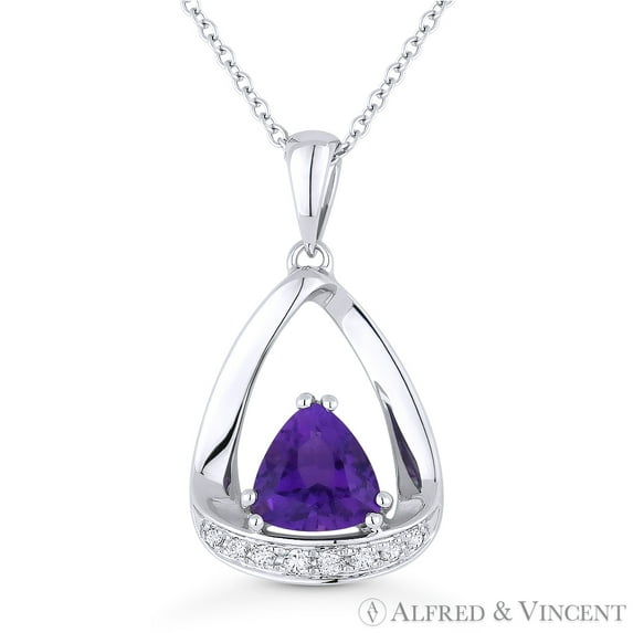 0.74ct Trillion Cut Amethyst & Diamond Open Pendant & Chain Necklace in 14k White Gold
