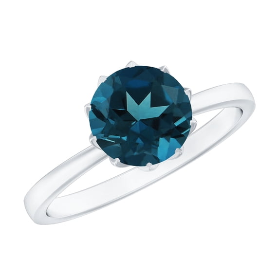 Rosec Jewels 1.3 CT Elegant London Blue Topaz Solitaire Ring for Women, Round Shape London Blue Topaz Ring in Lotus Basket Setting, 10K White Gold, US 9.00