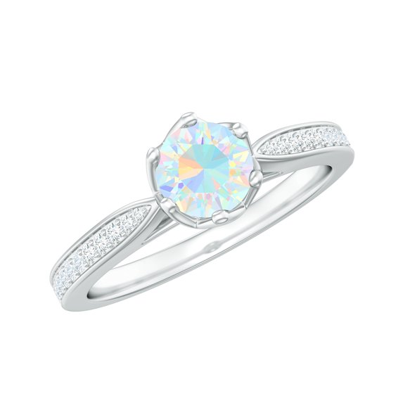 Rosec Jewels Ethiopian Opal Solitaire Ring with Diamond Accent, Rainbow Ethiopian Opal Ring for Women, 10K White Gold, US 3.50