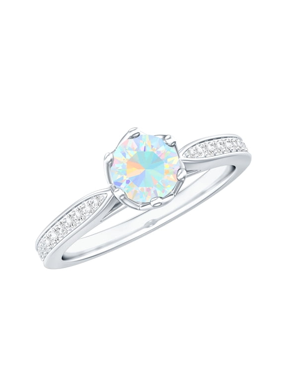 Ethiopian Opal Solitaire Ring with Diamond Accent, Rainbow Ethiopian Opal Ring for Women, 10K White Gold, US 6.00