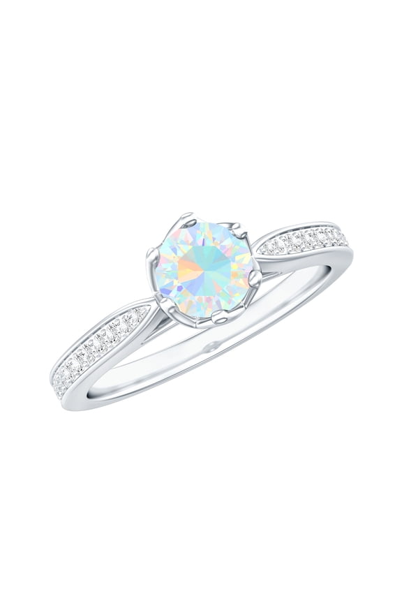 Ethiopian Opal Solitaire Ring with Diamond Accent, Rainbow Ethiopian Opal Ring for Women, 10K White Gold, US 6.00
