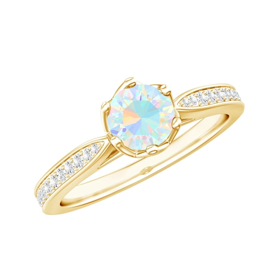Rosec Jewels Ethiopian Opal Solitaire Ring with Diamond Accent, Rainbow Ethiopian Opal Ring for Women, 10K Yellow Gold, US 6.50