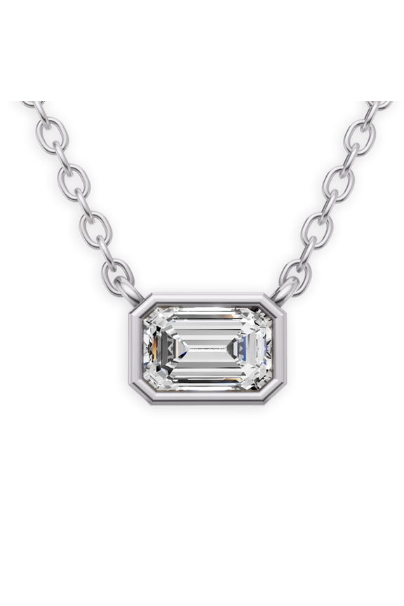 0.75 CT Lab Grown Emerald Shape Diamond Solitaire Pendant with Bezel Setting in 14K White Gold. Sample Image Final Product May Vary.