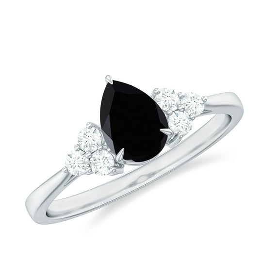 Rosec Jewels 0.75 CT Teardrop Black Onyx Engagement with Diamond Trio for Women, 10K White Gold, US 9.50