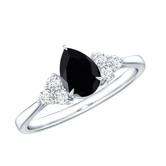 Rosec Jewels 0.75 CT Teardrop Black Onyx Engagement with Diamond Trio for Women, 925 Sterling Silver, US 4.00