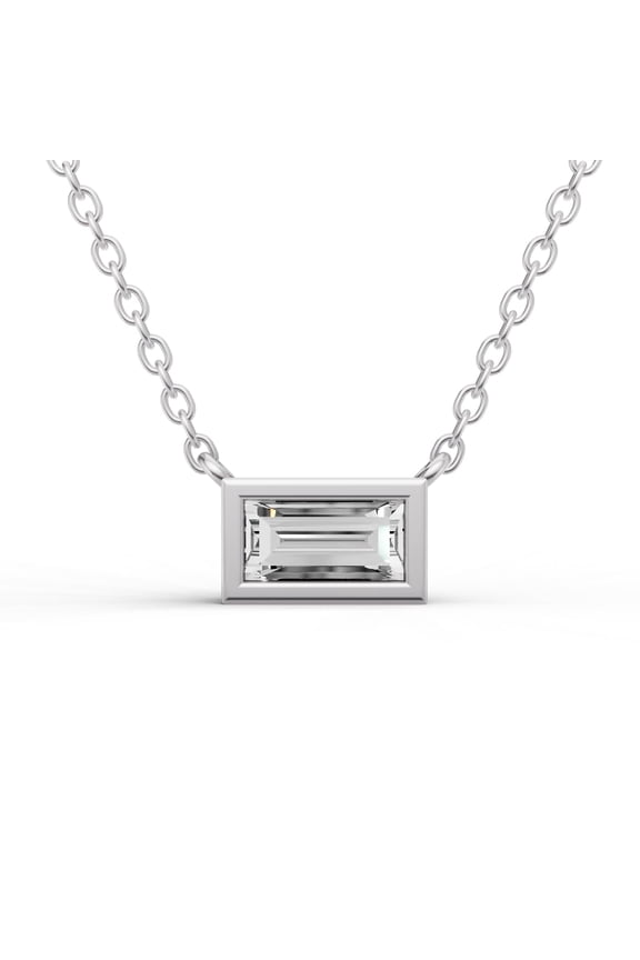 0.75 Carat Baguette Shape Lab Grown Diamond Solitaire Pendant with Bezel Setting in 14K White Gold