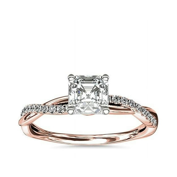 0.75 Carat Brilliant Asscher Cut Real Diamond Elegant Solitaire with Accents Wedding Ring for Women Solid 18K Rose Gold Size 10