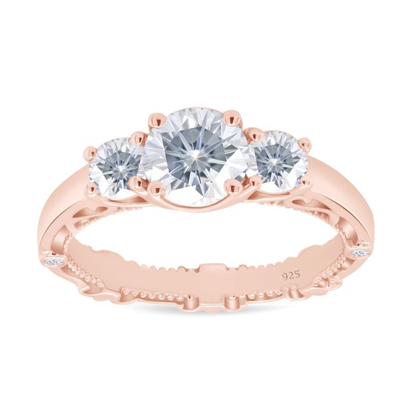 0.75 Carat Center 4mm-6.5mm-4mm Round Cut Moissanite Lab Created Diamond 3 Stone Vintage Engagement Ring Band Width 3.2mm 14K Rose Gold Plated Sterling Silver-8