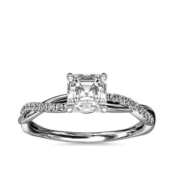 0.75 Carat Excellent Asscher Cut Natural Diamond Unique Solitaire with Accents Ring for Women Solid 18K White Gold Size 8.5