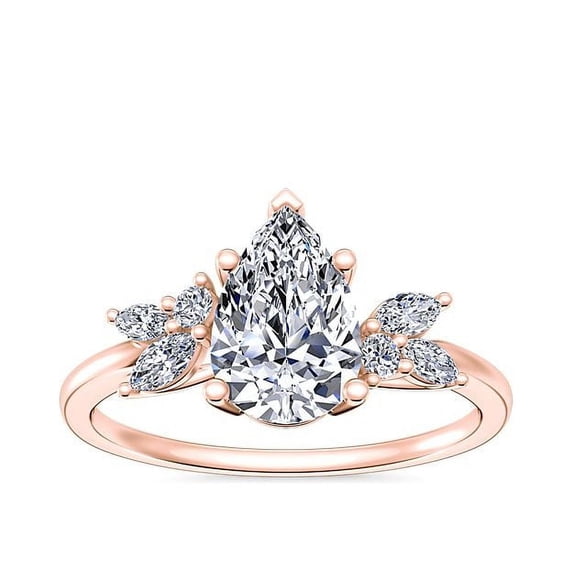 0.75 Carat Excellent Pear Cut Real Diamond New Design Solitaire with Accents Ring for Wedding and Engagement Solid 14K Rose Gold Size 11