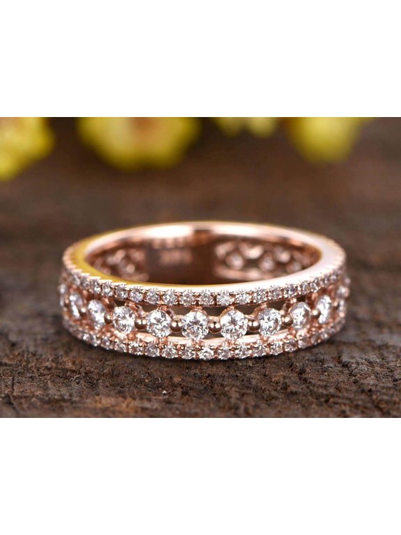 0.75 Carat Full eternity Moissanite Diamond wedding band Three row Moissanite Diamond engagement ring Solid 10k Rose Gold Stacking wedding band