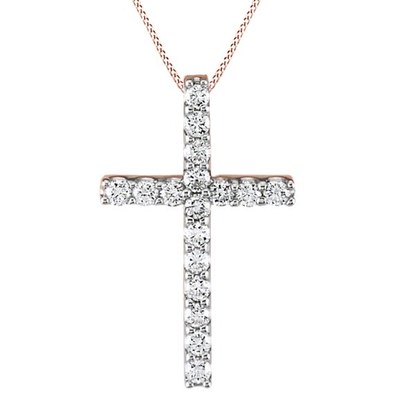 AFFY 0.75 Carat Round Cut White Natural Diamond Cross Pendant Necklace In 14k Rose Gold