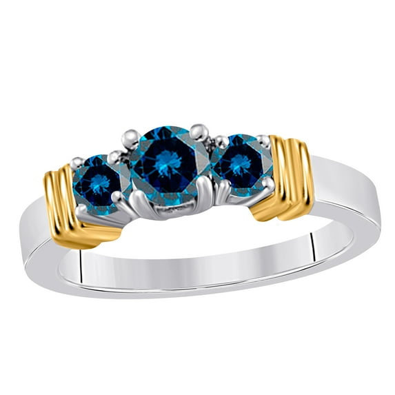 0.75 Carat Three Stone Two-Tone Blue Diamond Engagement Bridal Ring Prong 14K White and Yellow Gold