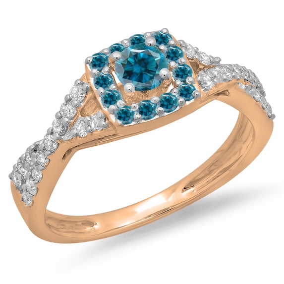 0.75 Carat (ctw) 10K Rose Gold Round Cut Blue & White Diamond Ladies Bridal Swirl Split Shank Halo Engagement Ring 3/4 C