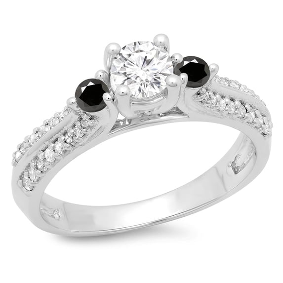 0.75 Carat (ctw) 10K White Gold Round Cut Black & White Diamond Ladies Bridal 3 Stone Engagement Ring 3/4 CT