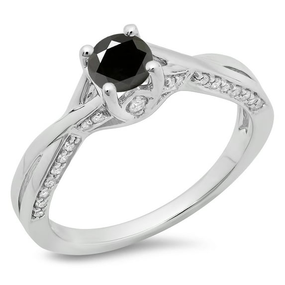 0.75 Carat (ctw) 10K White Gold Round Cut Black & White Diamond Ladies Solitaire With Accents Bridal Twisted Swirl Engag