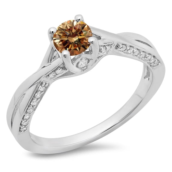 0.75 Carat (ctw) 10K White Gold Round Cut Champagne & White Diamond Ladies Solitaire With Accents Bridal Twisted Swirl E