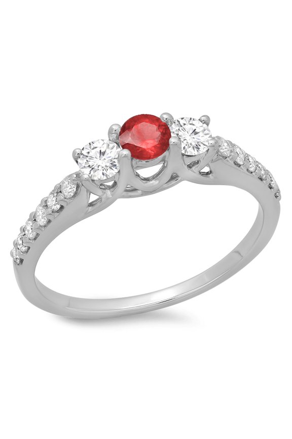 0.75 Carat (ctw) 10K White Gold Round Cut Red Ruby & White Diamond Ladies Bridal 3 Stone Engagement Ring 3/4 CT