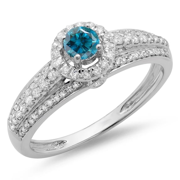 0.75 Carat (ctw) 10K White Gold Round Cut White & Blue Diamond Ladies Bridal Halo Style Engagement Ring 3/4 CT