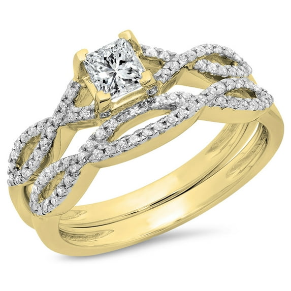0.75 Carat (ctw) 10K Yellow Gold Princess & Round Diamond Ladies Bridal Swirl Engagement Ring With Matching Band Set 3/4