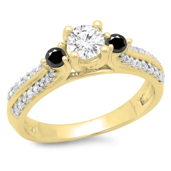0.75 Carat (ctw) 10K Yellow Gold Round Cut Black & White Diamond Ladies Bridal 3 Stone Engagement Ring 3/4 CT