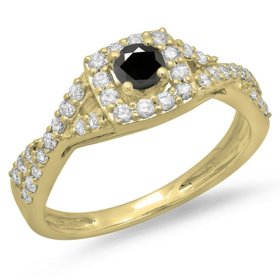 0.75 Carat (ctw) 10K Yellow Gold Round Cut Black & White Diamond Ladies Bridal Swirl Split Shank Halo Engagement Ring 3/