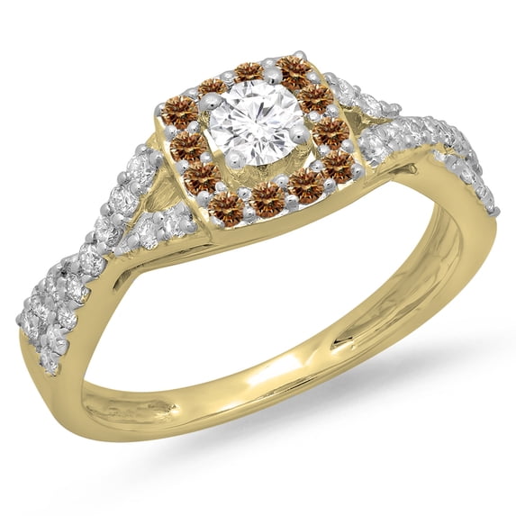 0.75 Carat (ctw) 10K Yellow Gold Round Cut Champagne & White Diamond Ladies Bridal Swirl Split Shank Halo Engagement Rin