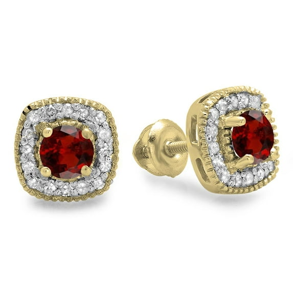 0.75 Carat (ctw) 10K Yellow Gold Round Cut Garnet & White Diamond Ladies Halo Stud Earrings 3/4 CT