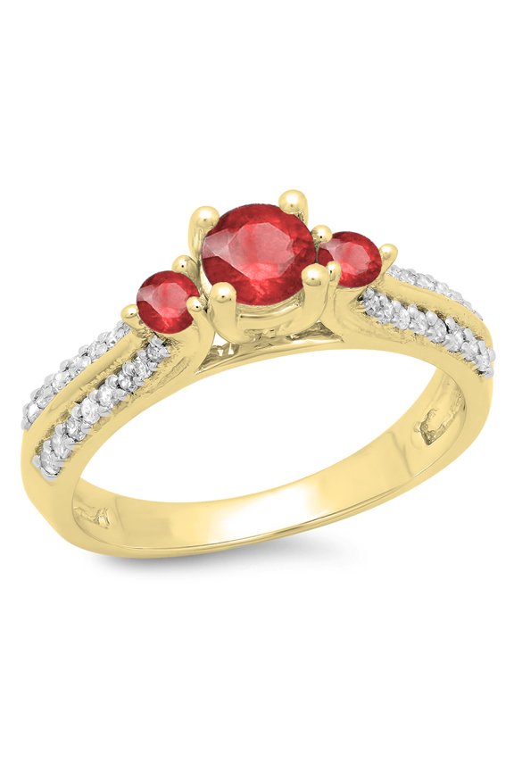 0.75 Carat (ctw) 10K Yellow Gold Round Cut Ruby & White Diamond Ladies Bridal 3 Stone Engagement Ring 3/4 CT