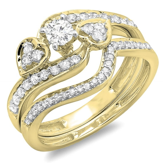 0.75 Carat (ctw) 10K Yellow Gold Round Diamond Ladies Bridal Engagement Ring With Two Wedding Bands 3 Piece Set 3/4 CT
