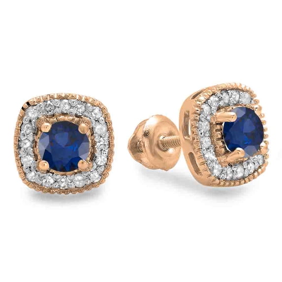 0.75 Carat (ctw) 14K Rose Gold Round Cut Blue Sapphire & White Diamond Ladies Halo Stud Earrings 3/4 CT
