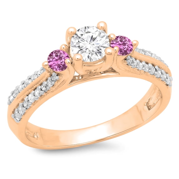 0.75 Carat (ctw) 14K Rose Gold Round Cut Pink Sapphire & White Diamond Ladies Bridal 3 Stone Engagement Ring 3/4 CT